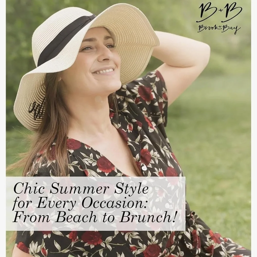 Stylish Cream with Black Embroidered Accent Decor Band Foldable Straw Sun Hat